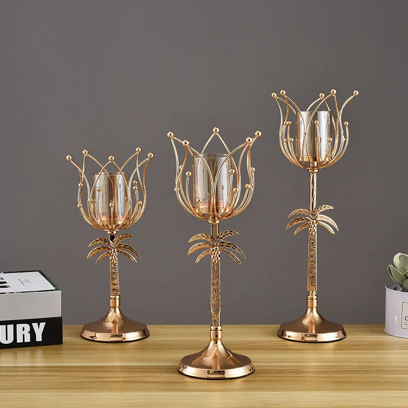 Gold iron candle holder S size 290mm on dining table as centrepiece for candle light dinner