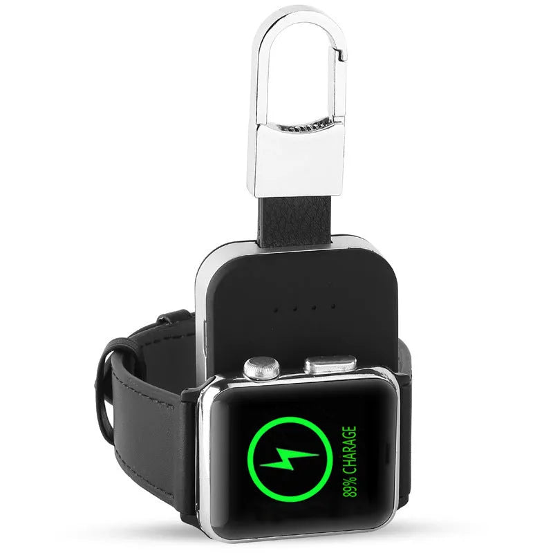 Black Apple Watch portable power bank keychain charger with wireless charging capability