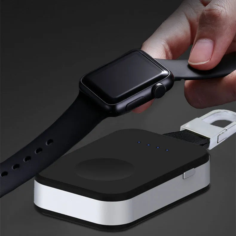 Black Apple Watch portable power bank keychain charger with wireless charging capability