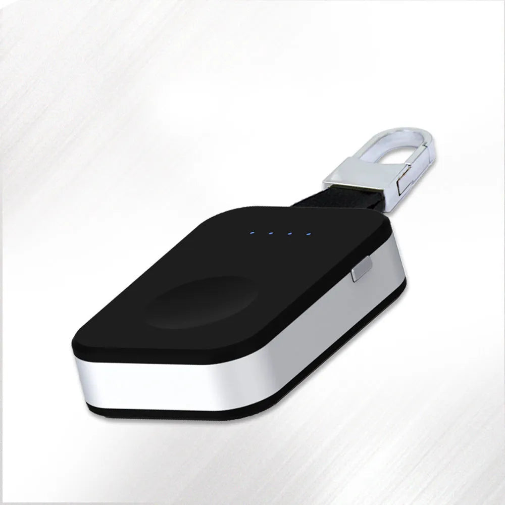 Black Apple Watch portable power bank keychain charger with wireless charging capability