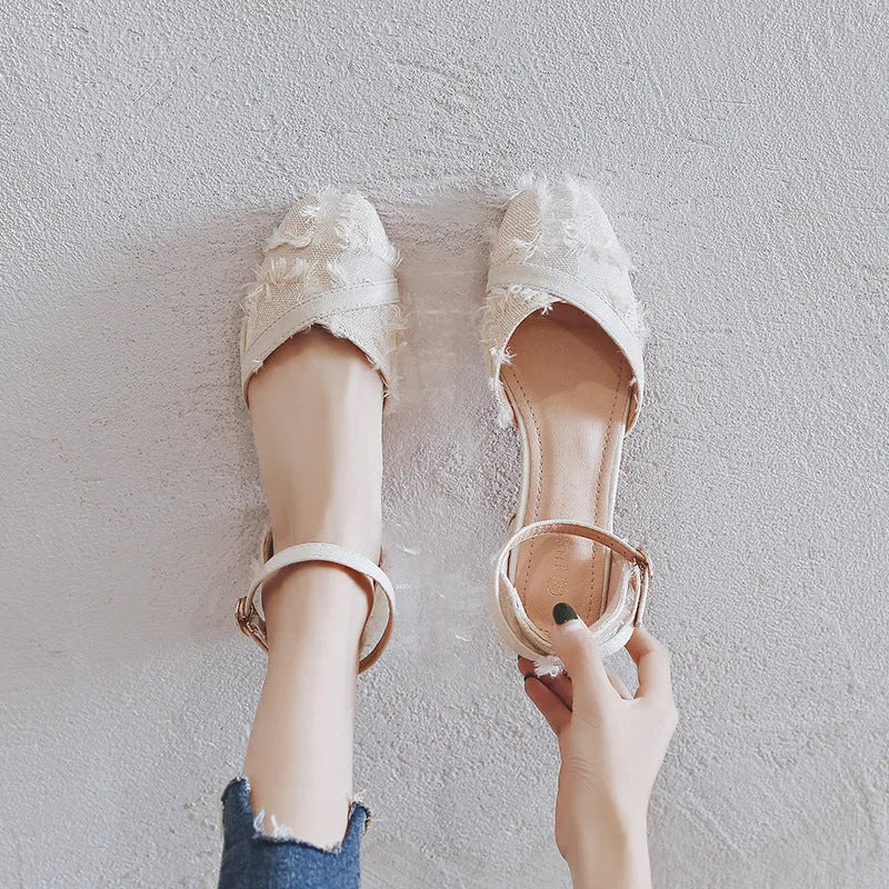 Women's apricot suede D'Orsay flat shoes with an ankle strap and a low 3cm heel.