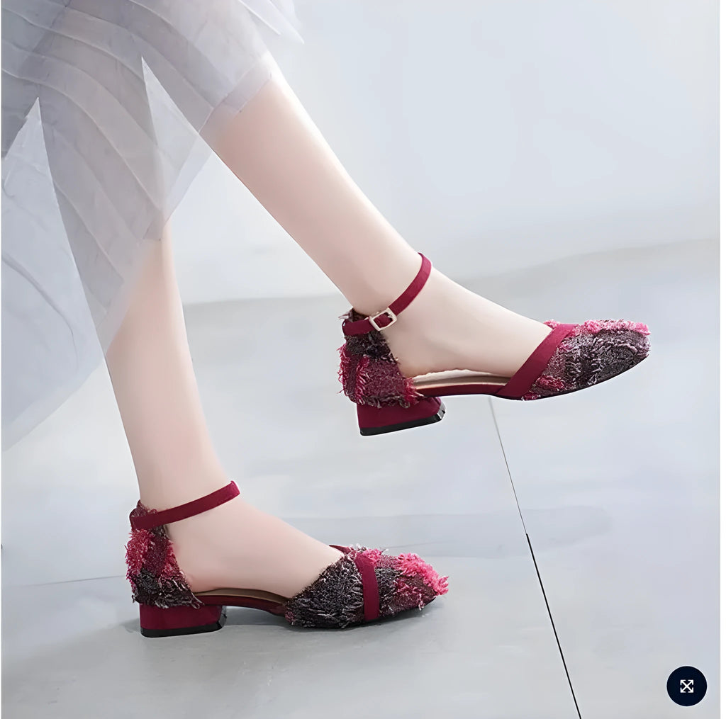Women's apricot suede D'Orsay flat shoes with an ankle strap and a low 3cm heel.