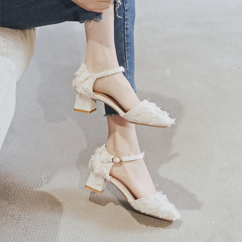 Women's apricot suede D'Orsay flat shoes with an ankle strap and a low 3cm heel.