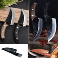 Slaughter cutting meat boning small scimitar knife with 5CrMoV15 high carbon steel hammer pattern blade and black handle, leather cover