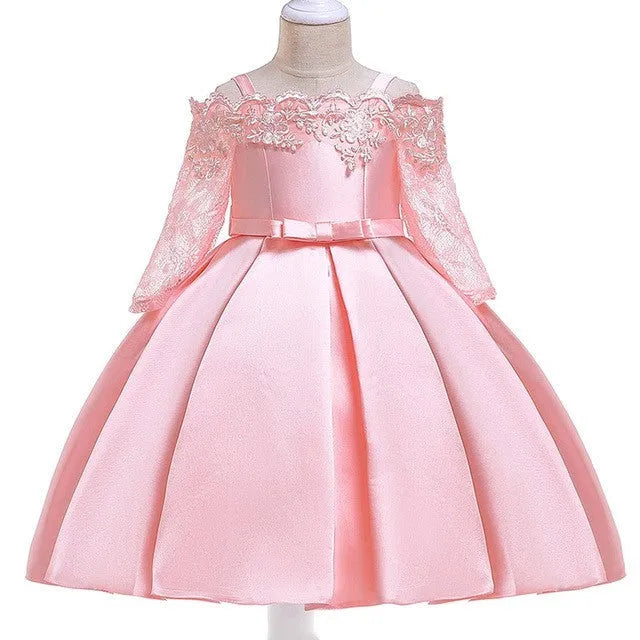 Girls lace dress in polyester fibre available in colours deep red, pink, green, red, and white.