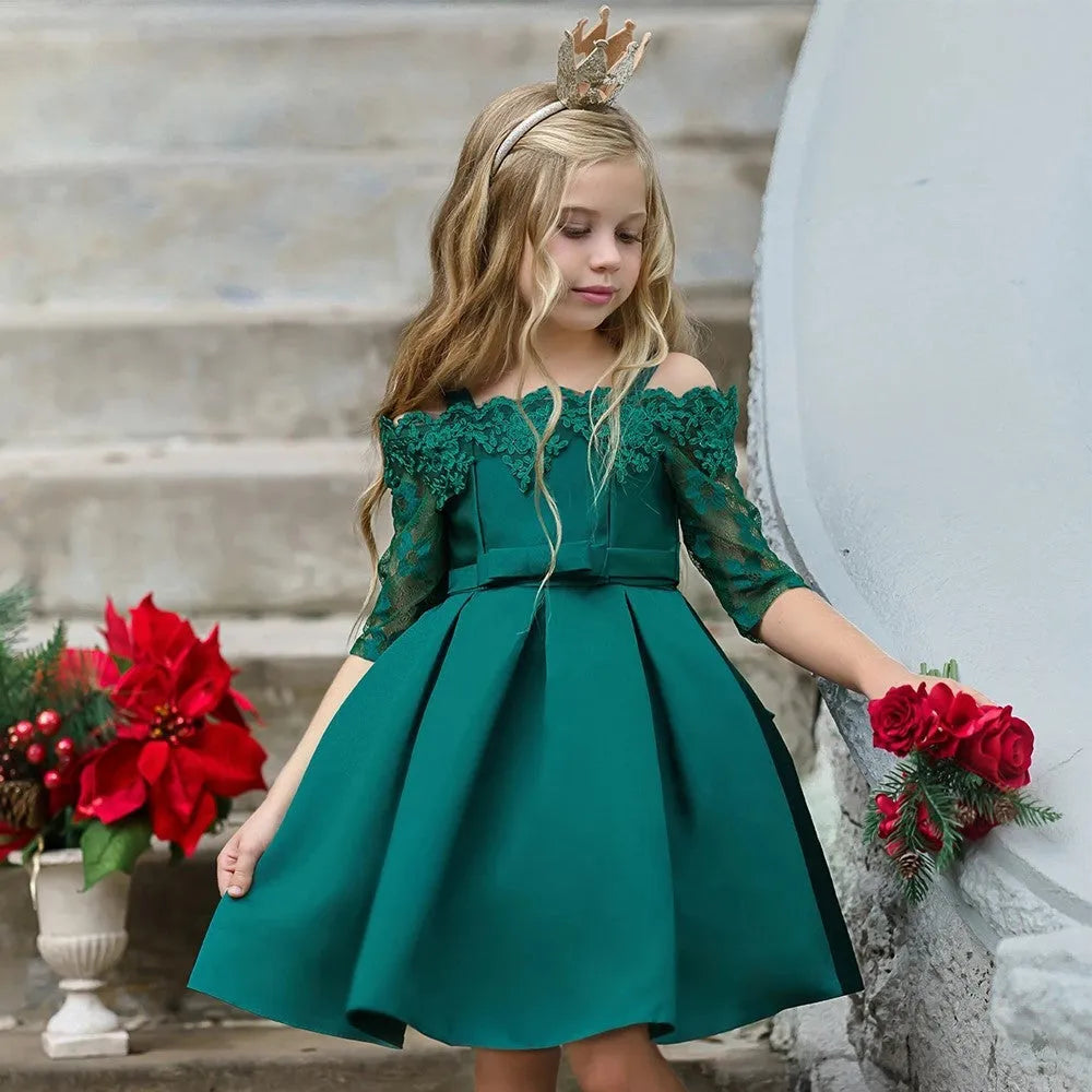 Girls lace dress in polyester fibre available in colours deep red, pink, green, red, and white.