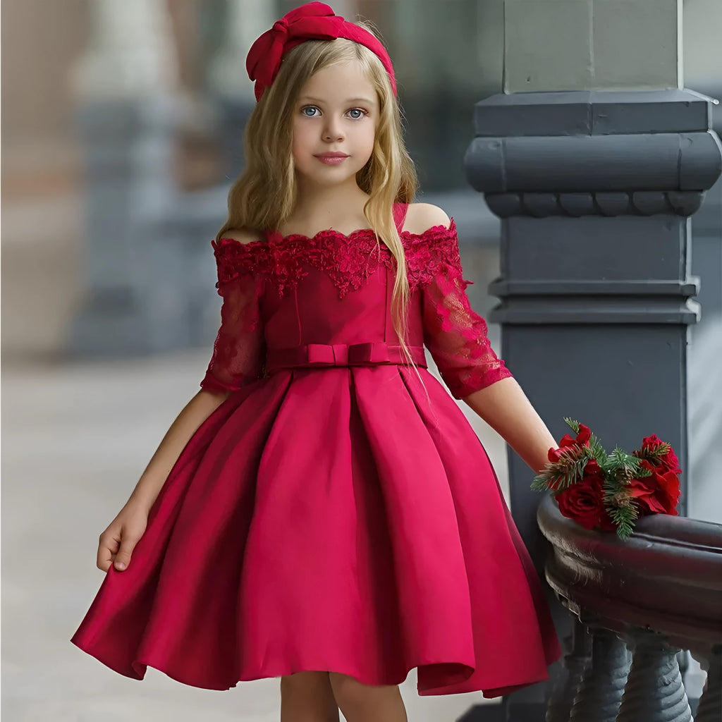 Girls lace dress in polyester fibre available in colours deep red, pink, green, red, and white.