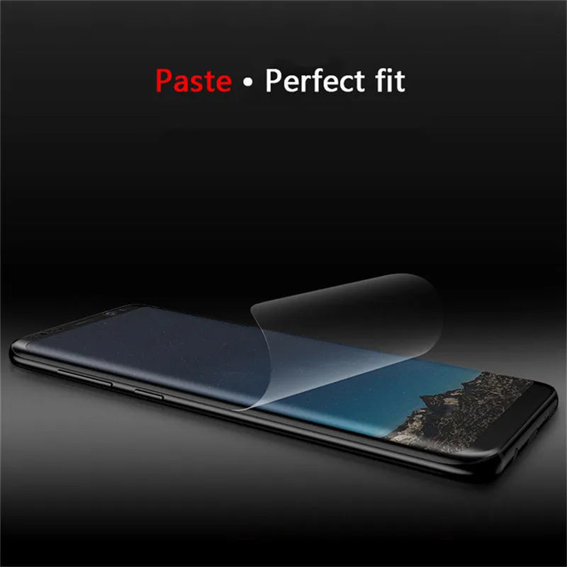 Purple hydrogel screen protector for curved Samsung Galaxy phones on display