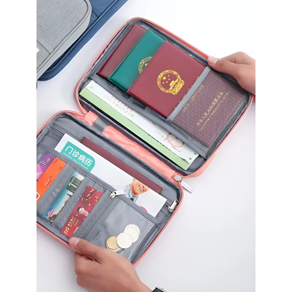 Waterproof travel passport cover in multiple colours showing RFID blocking and document organisation features