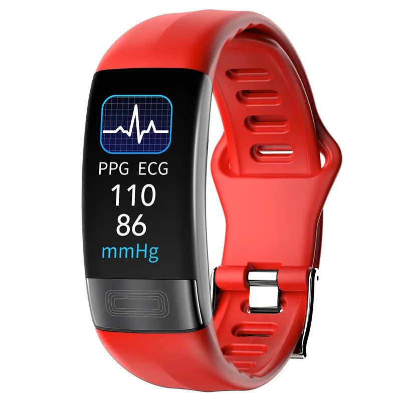 Black smart health bracelet with digital screen showing ECG and heart rate data on a wrist.