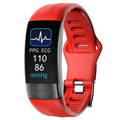 Black smart health bracelet with digital screen showing ECG and heart rate data on a wrist.