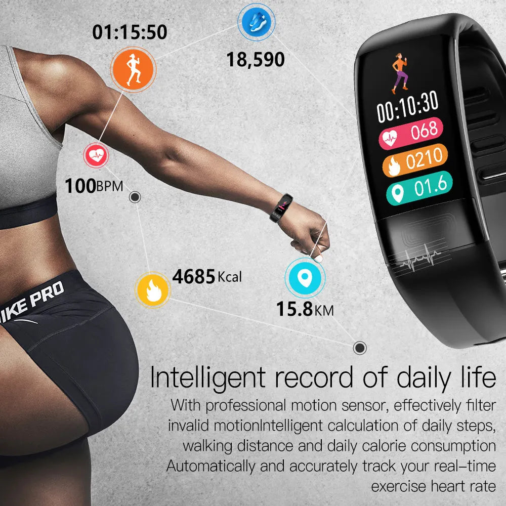 Black smart health bracelet with digital screen showing ECG and heart rate data on a wrist.