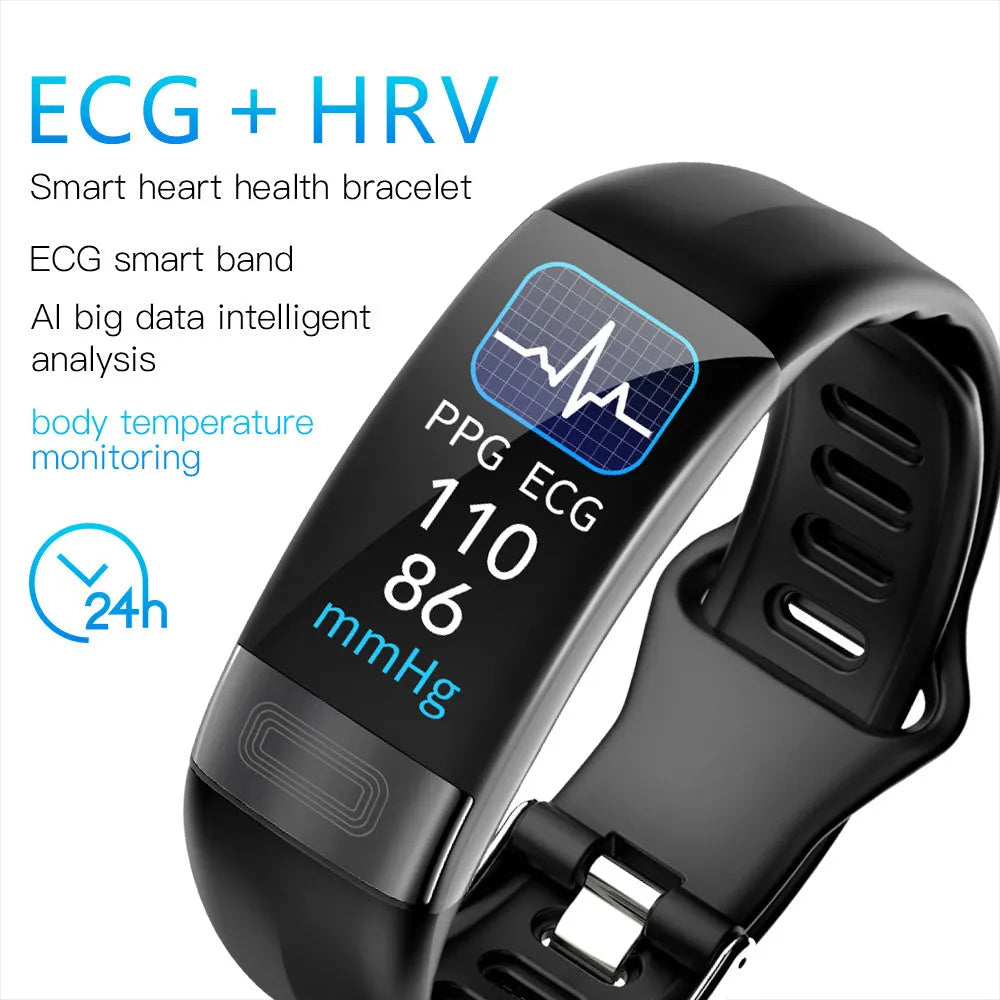 Black smart health bracelet with digital screen showing ECG and heart rate data on a wrist.