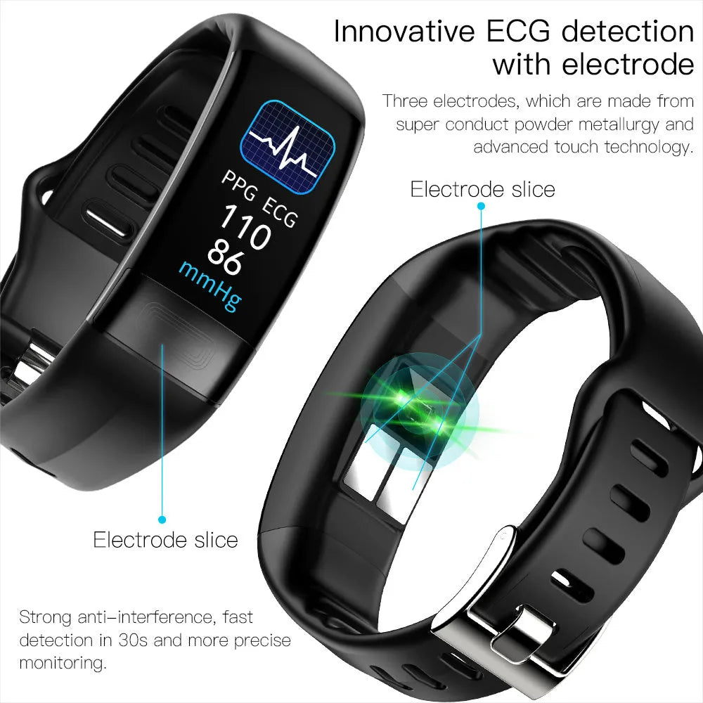 Black smart health bracelet with digital screen showing ECG and heart rate data on a wrist.