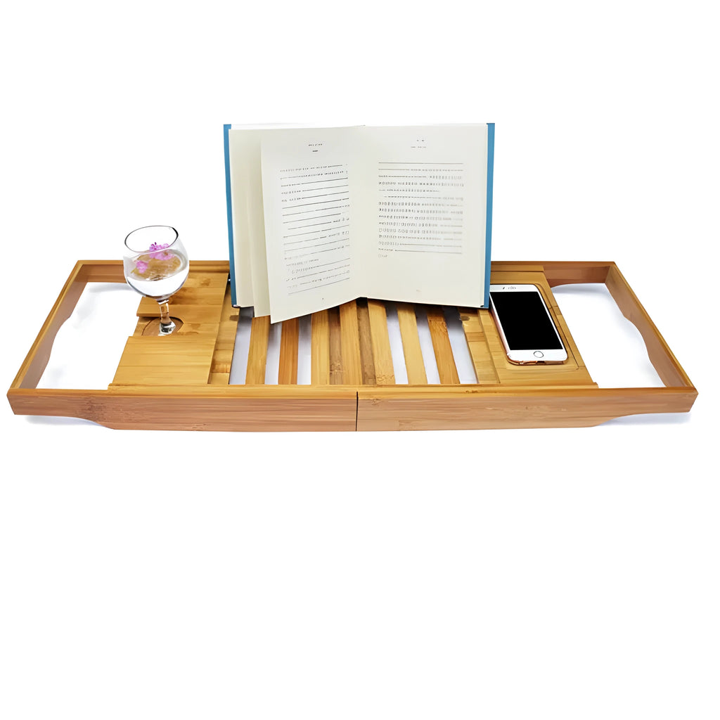 Natural bamboo bathtub frame with single shelf for bathroom storage on desktop surface