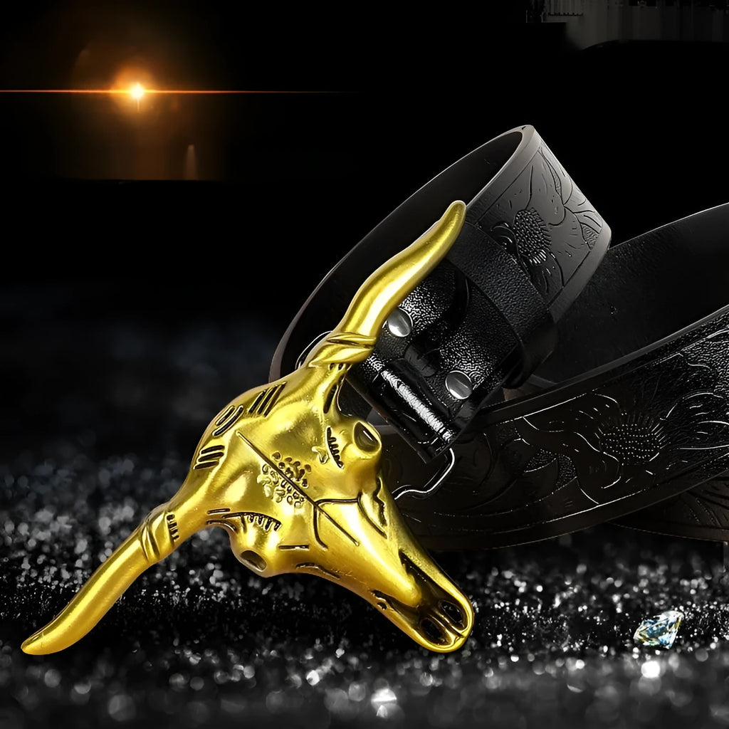 Men's imitation leather belt with detailed alloy cowboy head buckle in black or brown colours