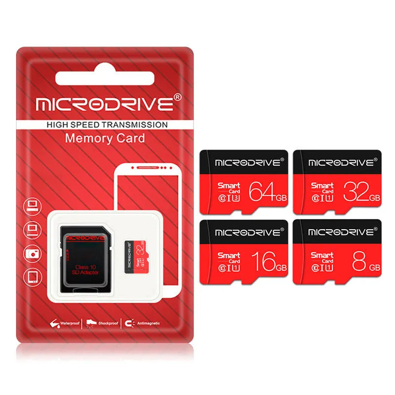 TF micro-SD memory card Class 10 with capacities 4GB to 256GB and an SD card holder for camera drone or smartphone