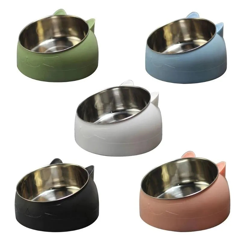Protective cervical cat bowl oblique mouth pet bowl in food-grade PC with 304 stainless steel liner, anti-knock base, blue colour, M size