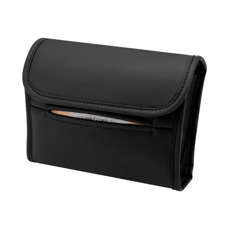 Leather car tissue box with elastic band for mounting on sun visor or chair back