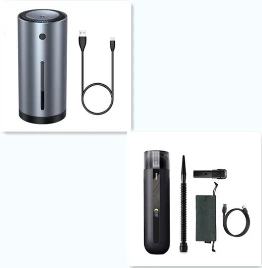 Baseus handheld cordless car vacuum cleaner in black, white, or green with suction and blow functions.
