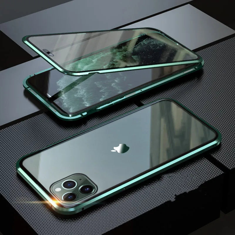 Glass anti-spy mobile phone case for iPhone with clamshell design and geometric pattern in multiple colours.