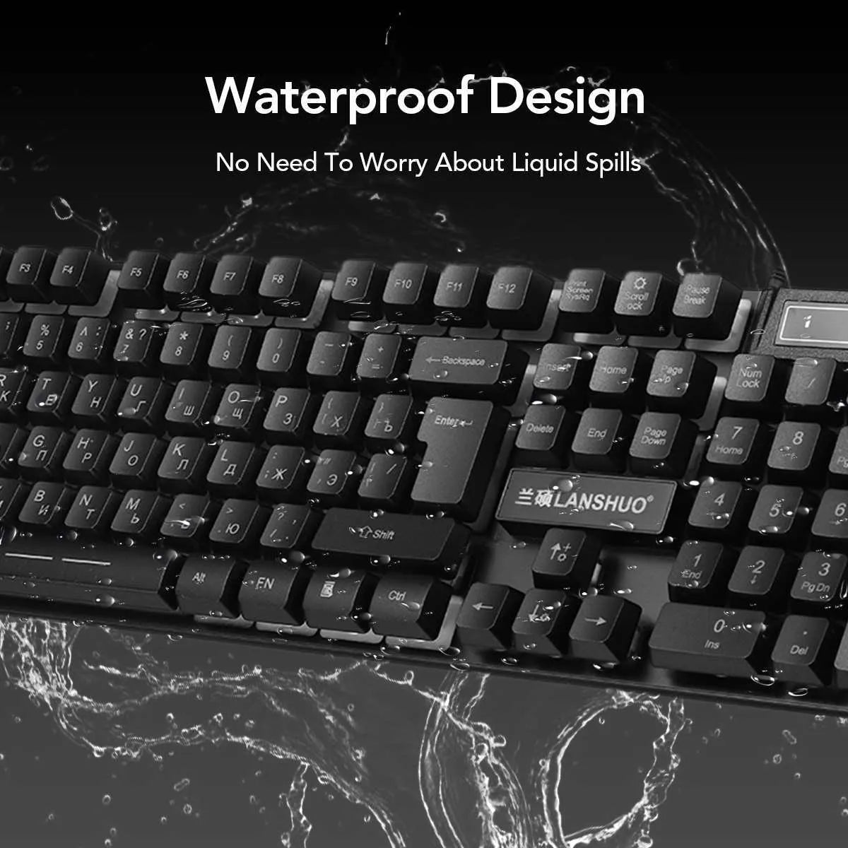 Black USB wired backlit keyboard and mouse set with multimedia keys on a desk