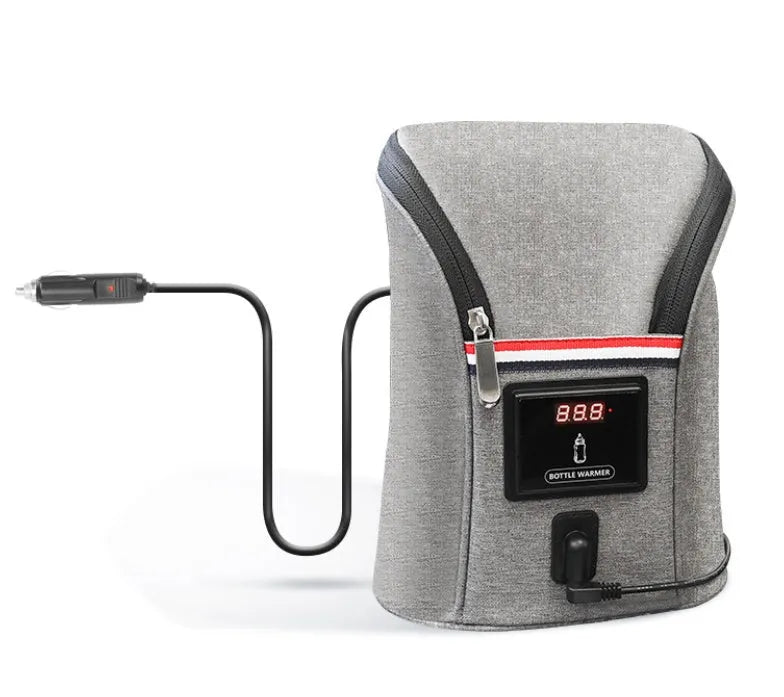 Grey Oxford cloth portable car USB baby bottle warmer with electronic display and buckle strap