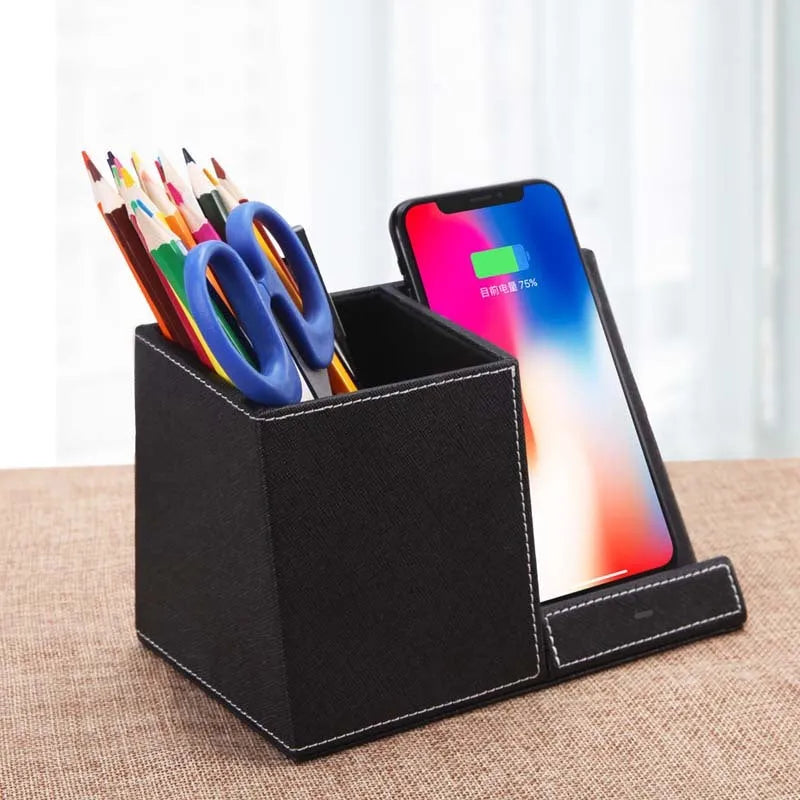 Leather desk organiser with pen holder and wireless phone charging surface