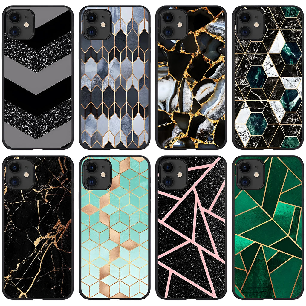 Marble pattern iPhone case with TPU and PC construction showing drop resistance and waterproof features