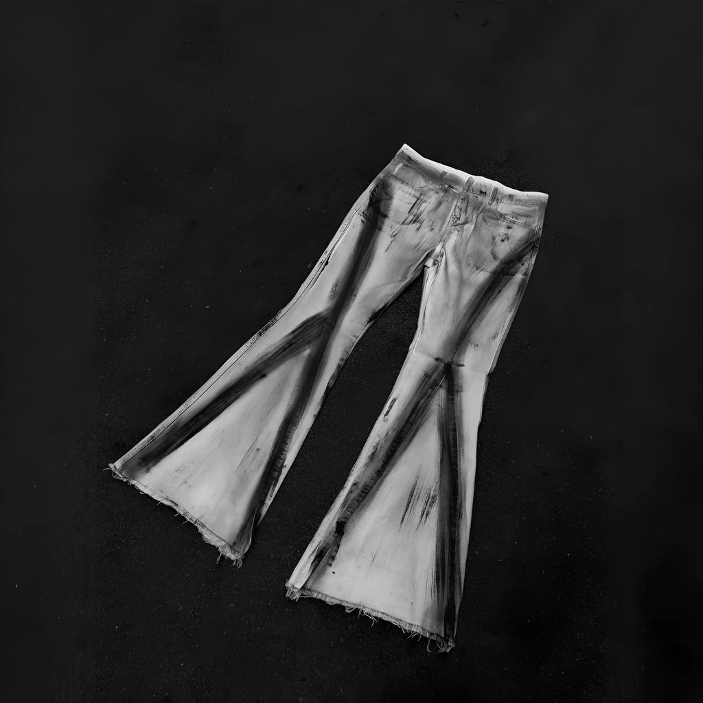 White cotton denim jeans with black ribbon gradient effect and heavy rough selvedge detailing