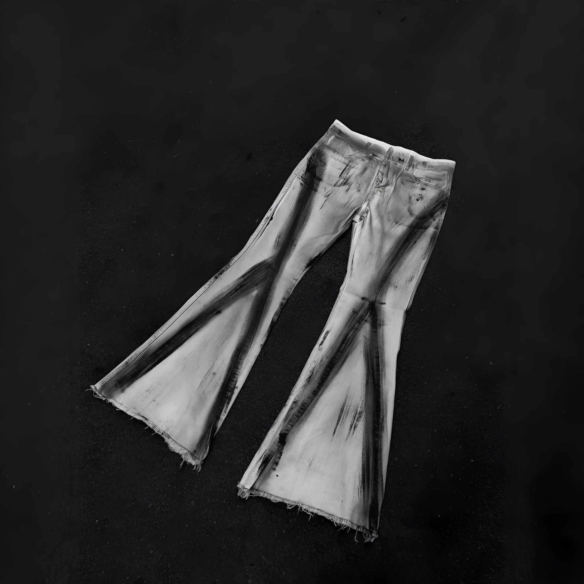 White cotton denim jeans with black ribbon gradient effect and heavy rough selvedge detailing