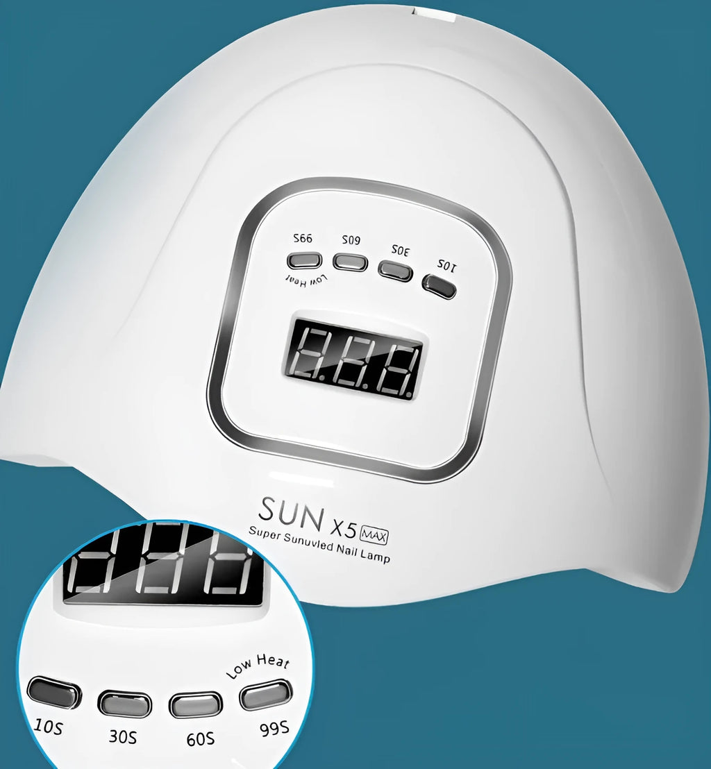 White UV LED gel nail polish curing lamp with digital timer display and 45 lamp beads.