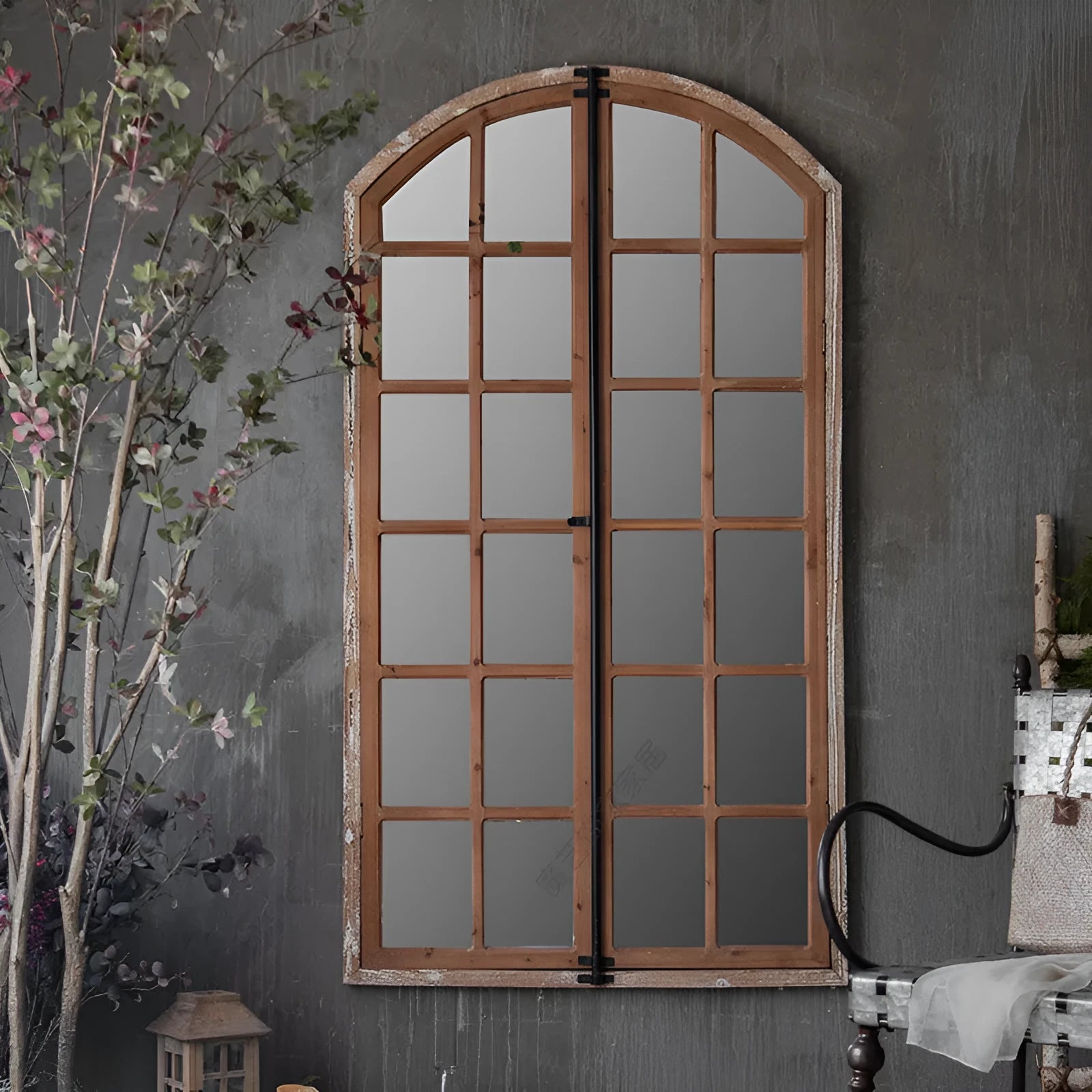 Terrace distressed fake window wall mirror with wooden glass and log-coloured finish
