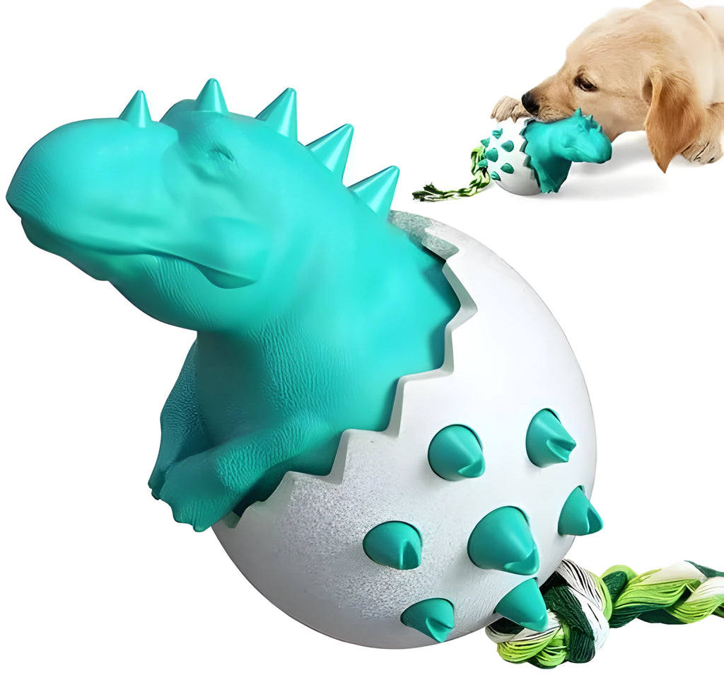Blue dinosaur-shaped dog chew toy with rubber nubs and a rope tail for aggressive chewers.