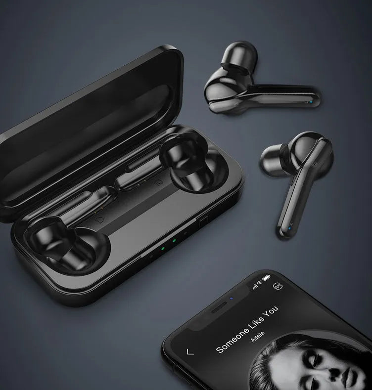 Black and white TWS wireless Bluetooth earbuds with IPX5 waterproof rating
