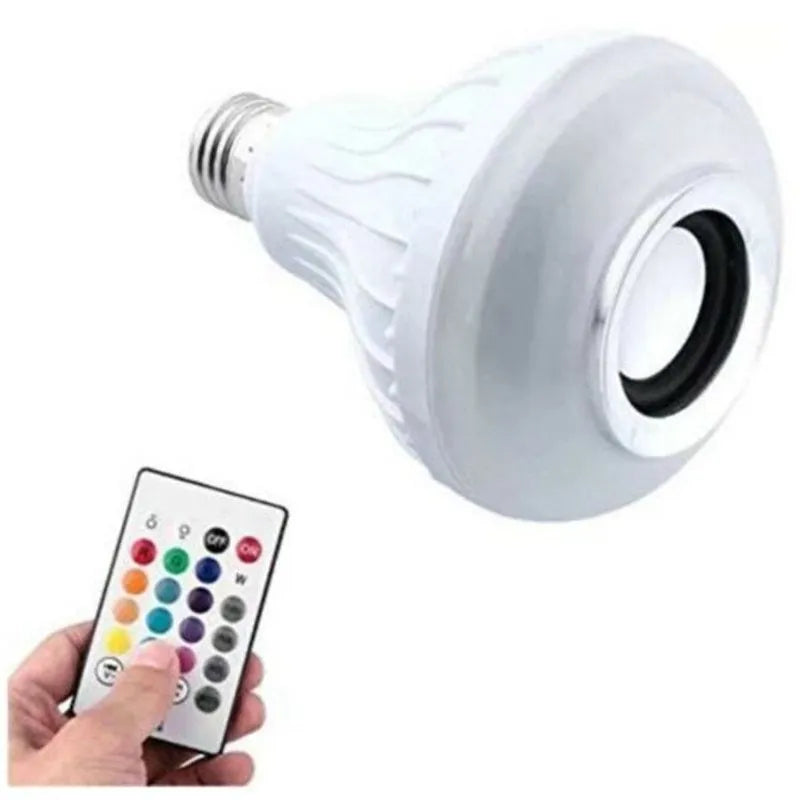 White E27 smart LED bulb with Bluetooth speaker and remote control for wireless light and music adjustment.