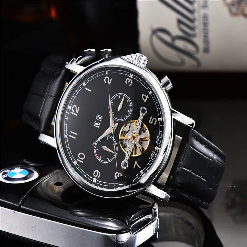 Mechanical watch with 46mm dial, transparent case back, flat-topped cone crown, European style