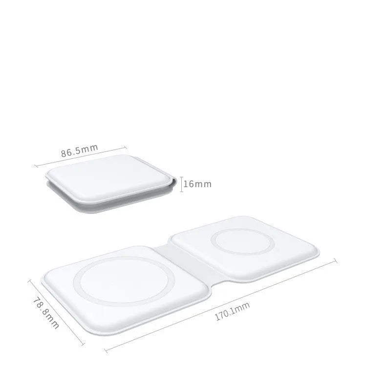 White folding magnetic wireless charging dock showing dual charging surfaces and adjustable stand