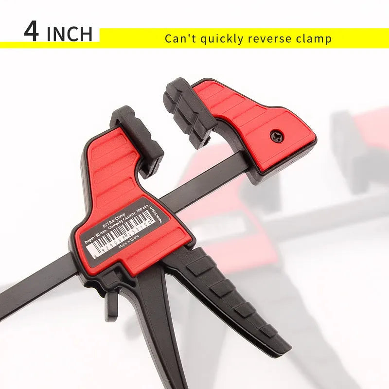 Black plastic woodworking clamp with soft rubber grip and quick regression key, available in multiple sizes