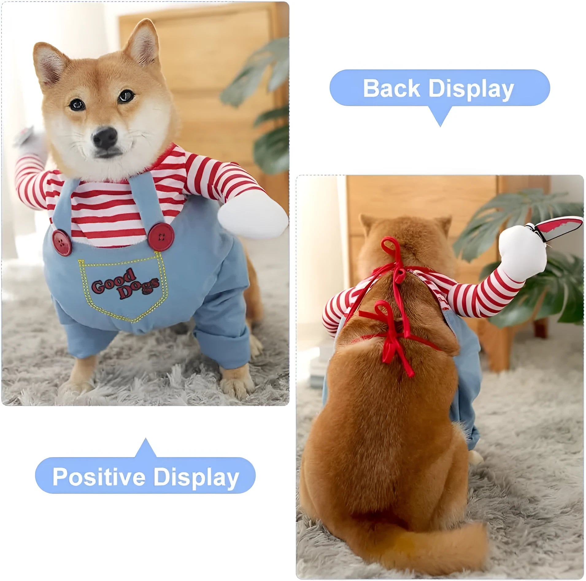 Halloween pet costume set with striped harness pants and knife accessory for dogs and cats