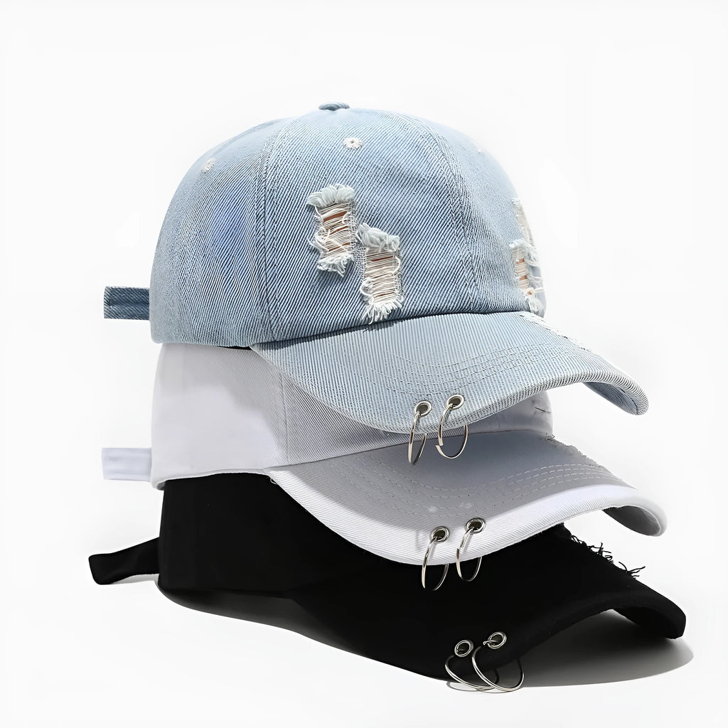 Men's adjustable denim peaked cap with dome crown in light blue jeans colour on a plain background