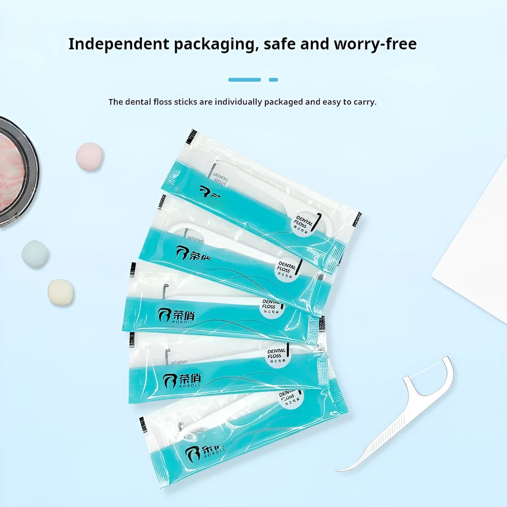 Disposable dental floss in plastic packaging with multiple style options and 100 or 108 pieces per bag