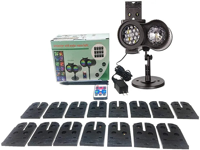Outdoor waterproof double tube LED animated watermark light with IP65 rating, showing garden party decoration with moving water patterns