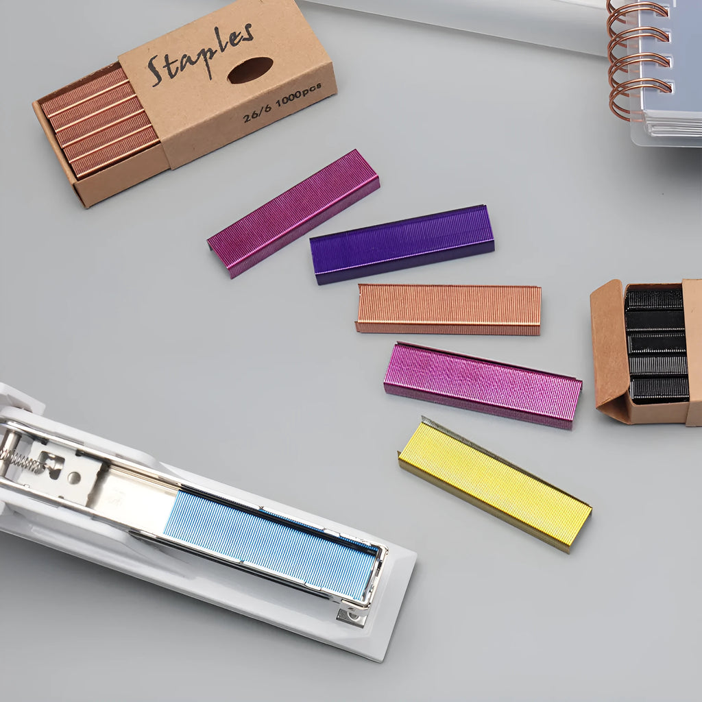 Box of 1000 metal staples in black, purple, rose gold, and rose red colours