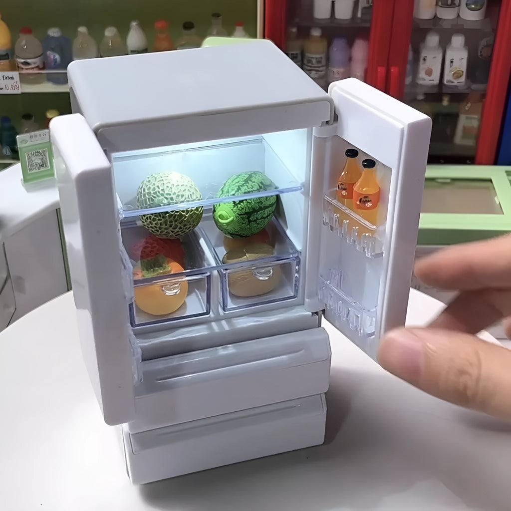 White plastic miniature candy toy model with light-up feature showing dimensions