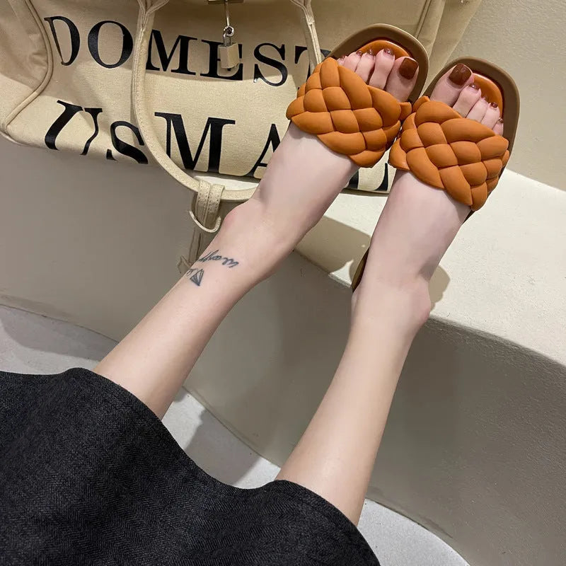 Women's plaid pattern beach sandals with anti-skid PVC soles in thick sole design