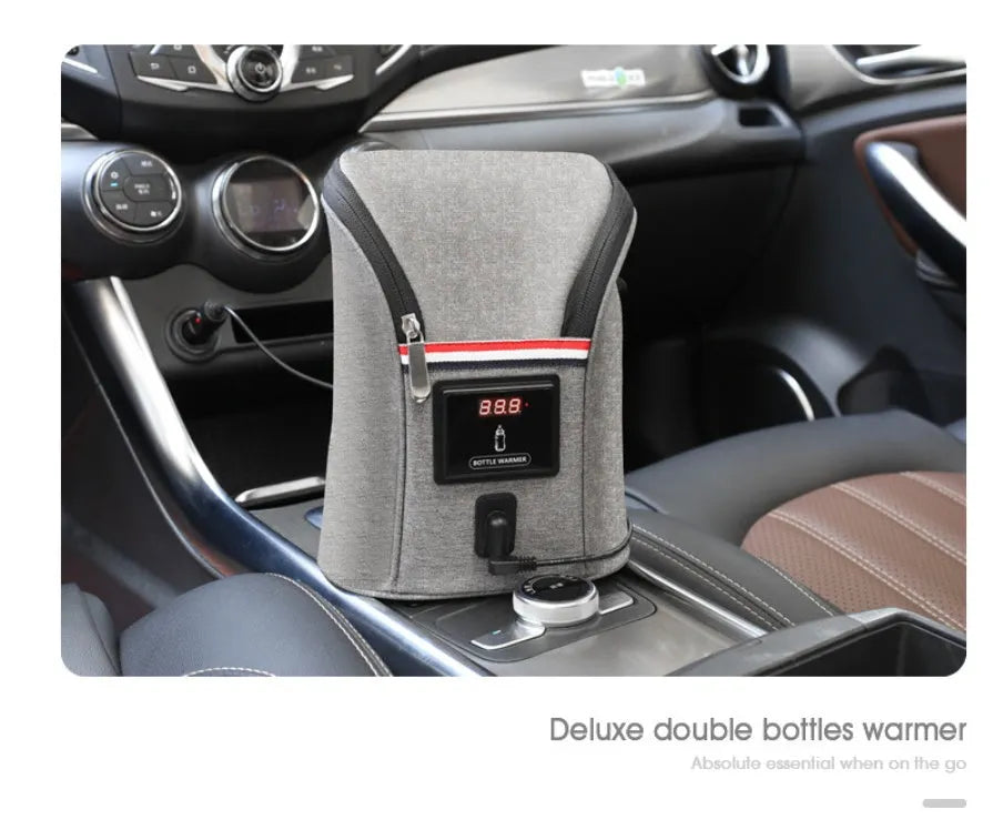 Grey Oxford cloth portable car USB baby bottle warmer with electronic display and buckle strap