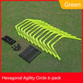 Set of six yellow, green, and orange foldable hexagonal football agility training rings laid flat.