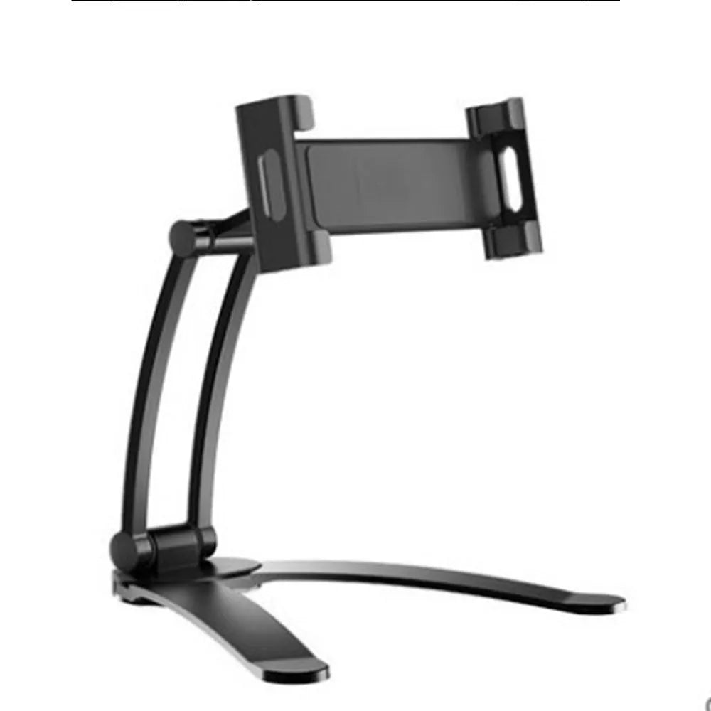 Silver aluminum desktop tablet stand with white ABS base, showing adjustable clip holding a tablet.