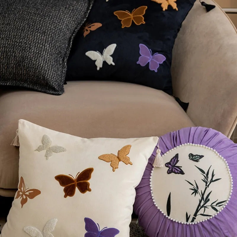 Square cushion with Chinese style butterfly embroidery in beige, black, or purple colour, 45x45 cm size